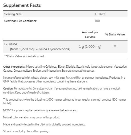 L-Lysine 1000 mg - 100 Tablets - Nutra Best Europe