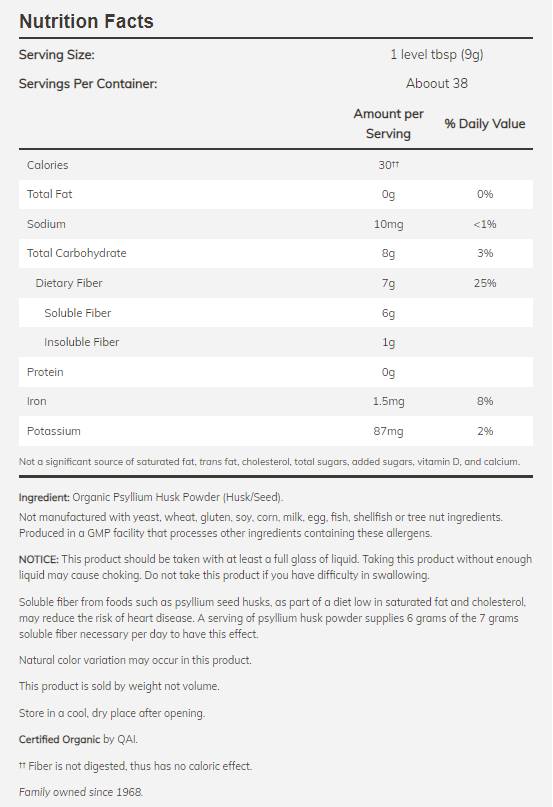 Psyllium Husk Powder / Organic - 340 grams - Nutra Best Europe