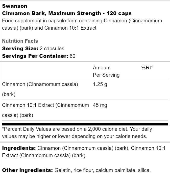 Cinnamon Bark | Maximum Strength 120 capsules - Nutra Best Europe