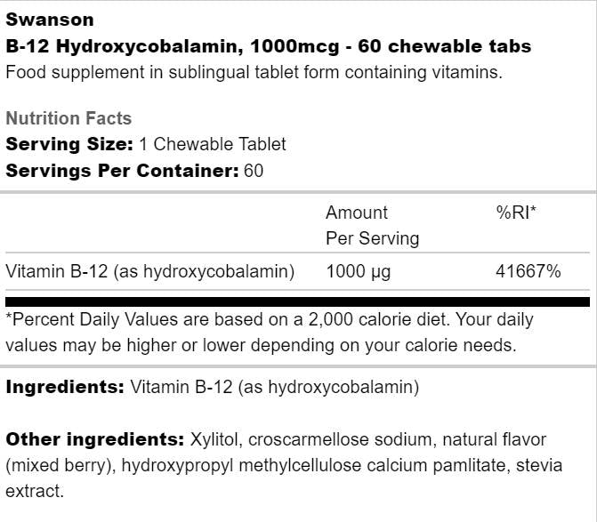 B-12 Hydroxycobalamin 1000 mcg 60 Chewable Tablets - Nutra Best Europe
