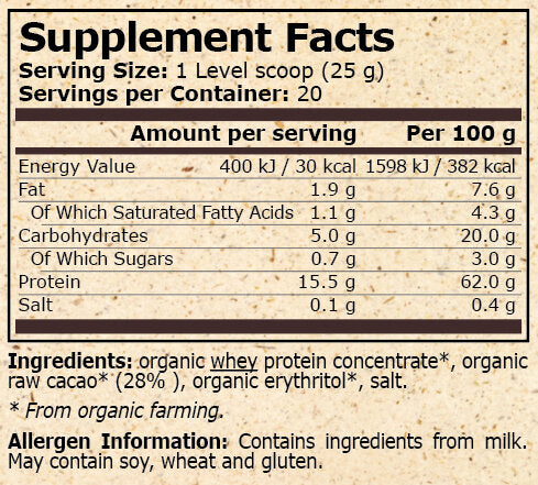 Pure Nutrition - ORGANIC WHEY PROTEIN WITH COCOA - 500 g - Nutra Best Europe