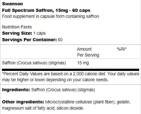 Full Spectrum Saffron 15 mg 60 capsules - Nutra Best Europe