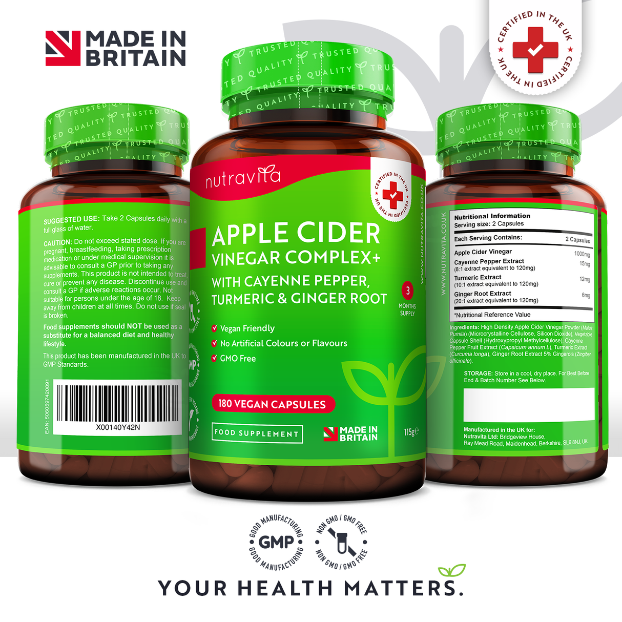 Apple Cider Vinegar 1000 mg /180 capsules, 90 doses/ Nutravita - Nutra Best Europe