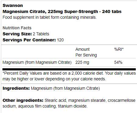 Super-Strength Magnesium Citrate 225 mg 240 Tablets - Nutra Best Europe