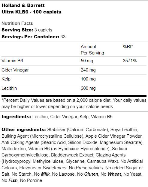 Ultra KLB6 | Kelp, Lecithin, B6 and Cider Vinegar - 100 capsules - Nutra Best Europe