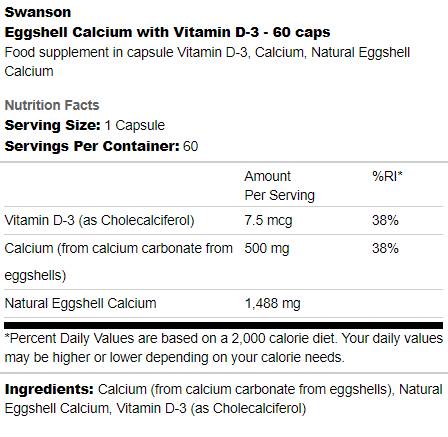 Eggshell Calcium with Vitamin D-3 60 capsules - Nutra Best Europe
