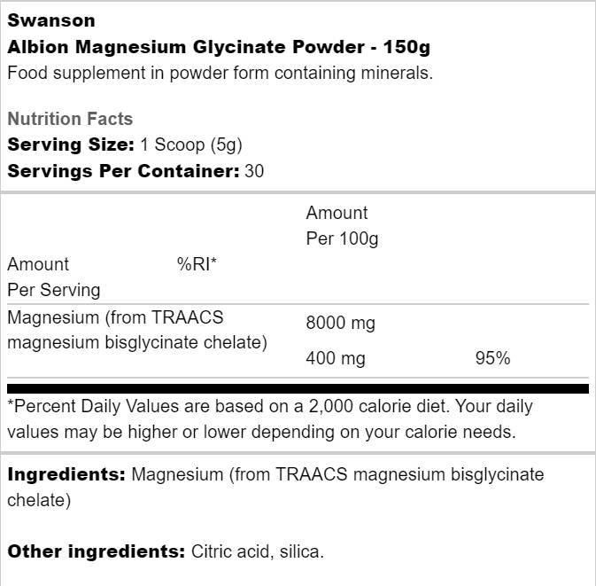 Albion Magnesium Glycinate Powder 150 grams - Nutra Best Europe