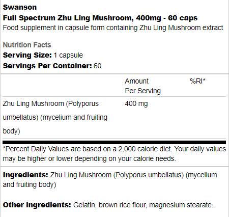 Full Spectrum Zhu Ling Mushroom 400 mg 60 capsules - Nutra Best Europe