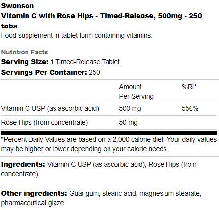 Timed-Release Vitamin C 500 mg | With Rose Hips 250 Tablets - Nutra Best Europe