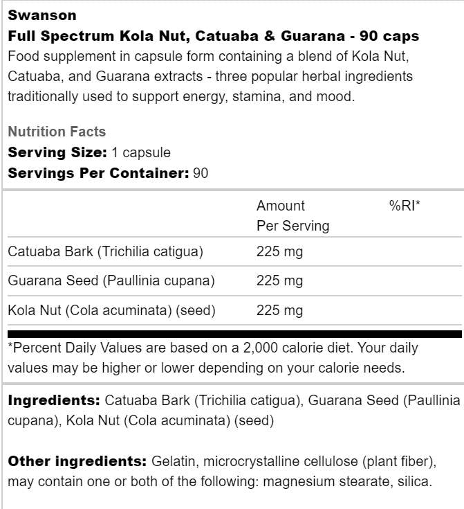 Full Spectrum Kola Nut, Catuaba and Guarana 90 capsules - Nutra Best Europe