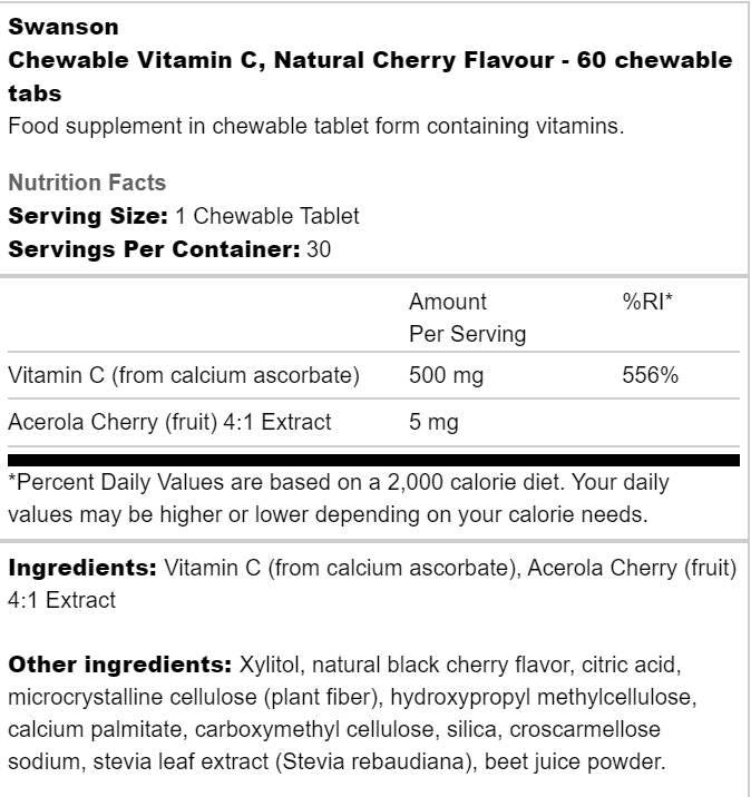 Sugar-Free Chewable Vitamin C 500 mg 60 Tablets - Nutra Best Europe