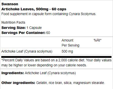 Artichoke Leaves 500 mg 60 capsules - Nutra Best Europe