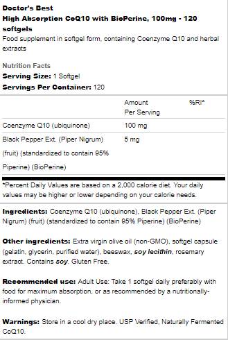 BEST CoQ10 with Bioperine 100 mg - 120 Gel capsules - Nutra Best Europe