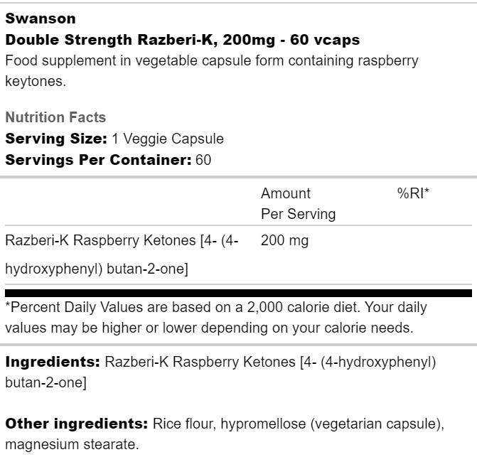 Razberi - K 200 mg | Double Strength Raspberry Ketones - 60 capsules - Nutra Best Europe