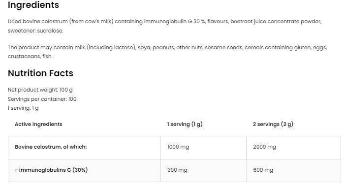 Colostrum Bovine Powder | 30% Immunoglobulin G 100 grams - Nutra Best Europe
