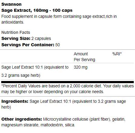 Sage Extract 160 mg 100 capsules - Nutra Best Europe