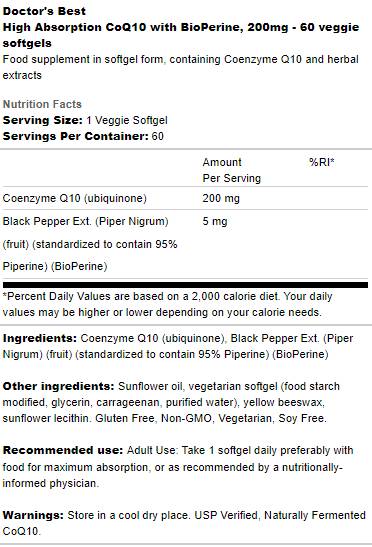 BEST CoQ10 with Bioperine 200 mg - 60 Gel capsules - Nutra Best Europe