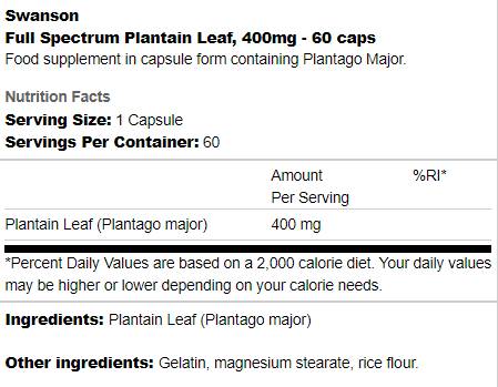 Full Spectrum Plantain Leaf 400 mg 60 capsules - Nutra Best Europe