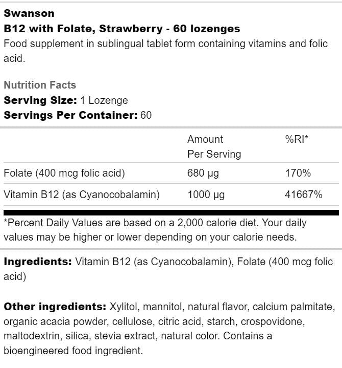 B12 1000 mcg with Folate - 60 Sublingual Tablets - Nutra Best Europe