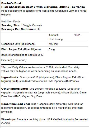 BEST CoQ10 with Bioperine 400 mg - 60 capsules - Nutra Best Europe