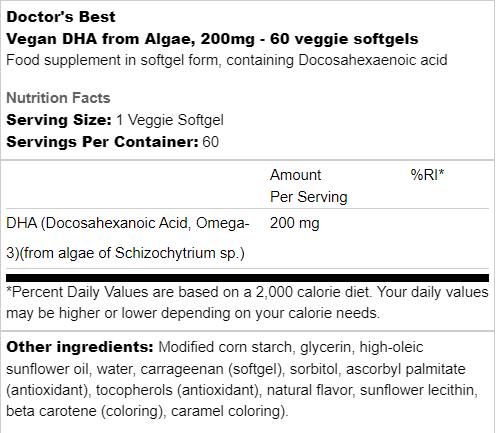 BEST Vegan DHA from Algae 200 mg - 60 Gel capsules - Nutra Best Europe