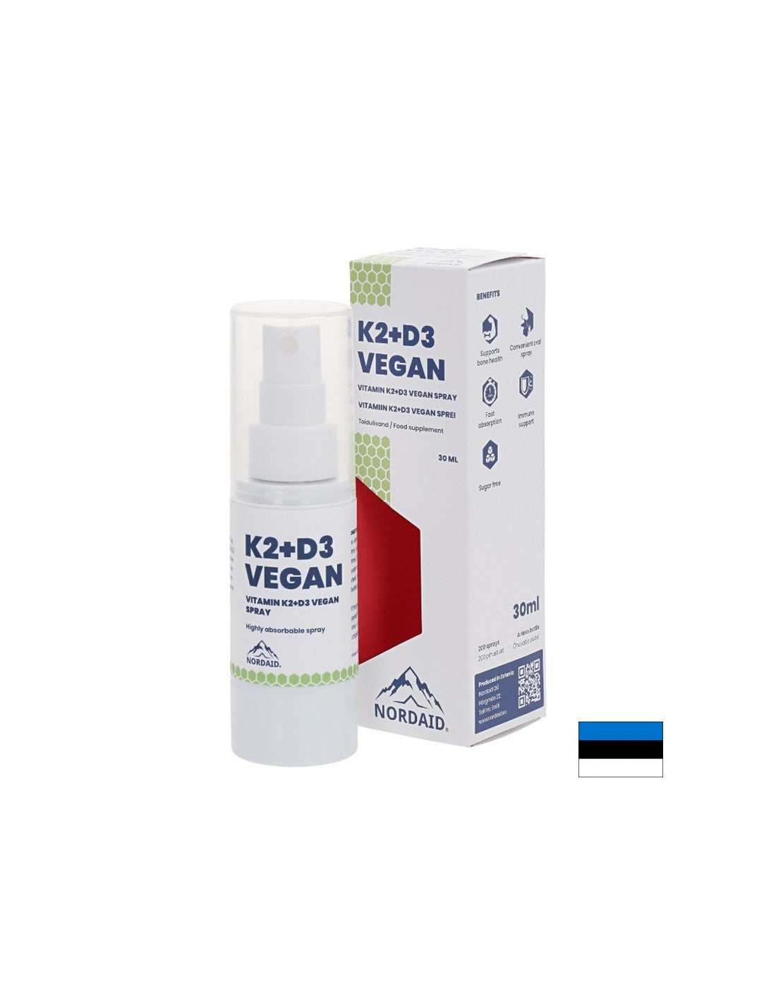 Vegán K2-vitamin (25 µg) + D3-vitamin (1000 NE) - Szív- és csont egészség, Erős immunitás, Szájspray, 30 ml, 200 fújás