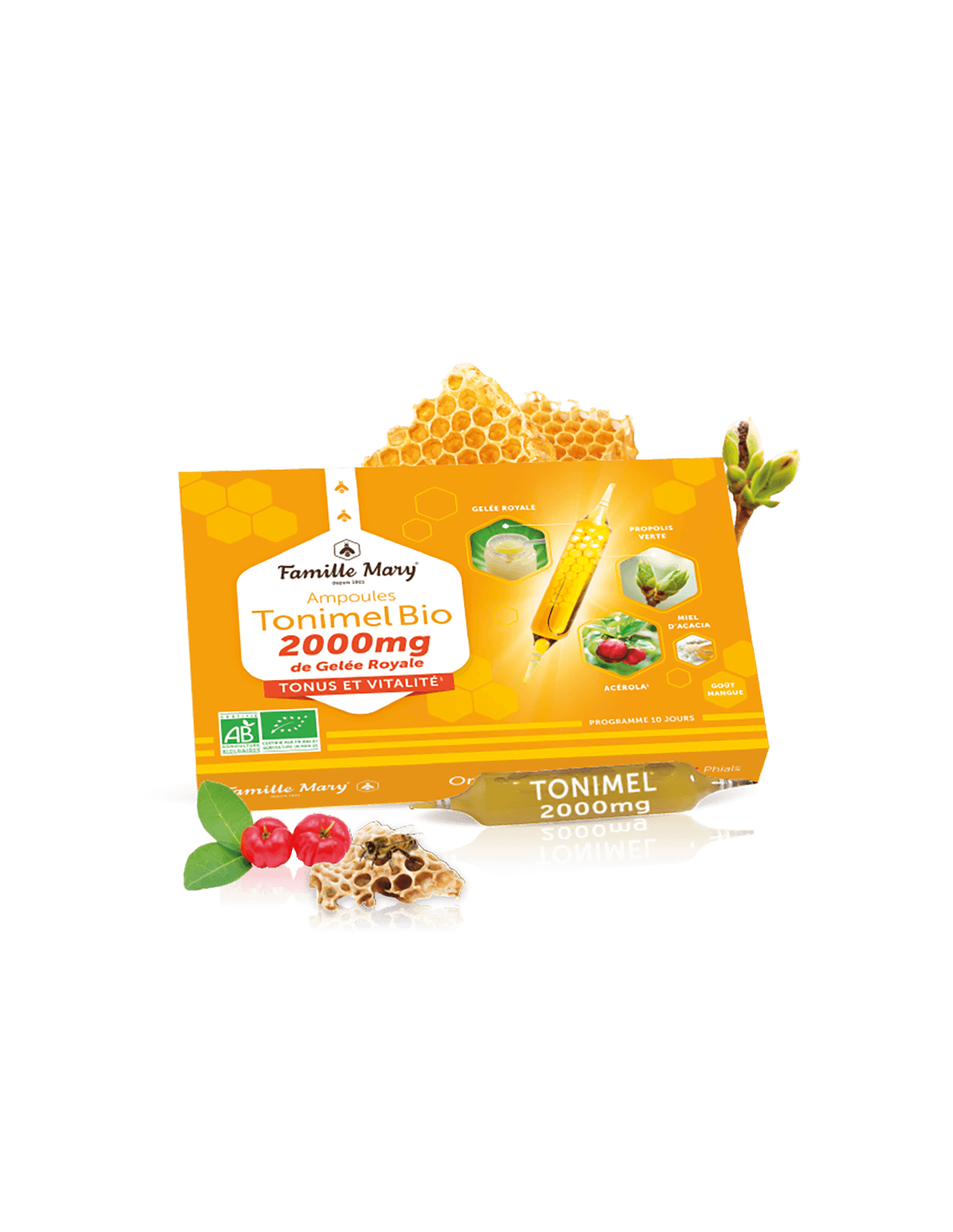 A tónusért, az energiáért és az immunitásért ampullák (2000 mg méhpempővel), BIO, 10 ampulla ivásra, narancs ízű
