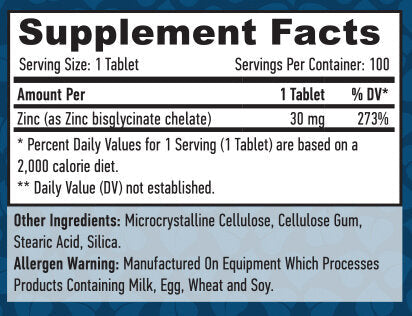 Zinc Bisglycinate 30mg / 100 Tabs - Nutra Best Europe