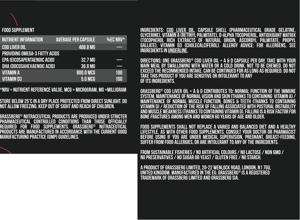 GRASSBERG Cod Liver Oil + A+D 60 Softgels - Nutra Best Europe