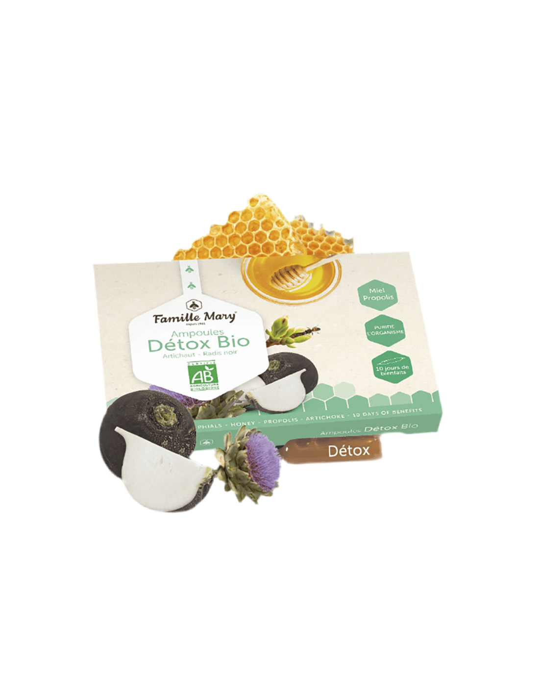 Ampoules Détox Bio Artichaut-Radis noir / Detox bio with artichoke, black turnip, honey and propolis / 10 ampoules Famille Mary - Nutra Best Europe