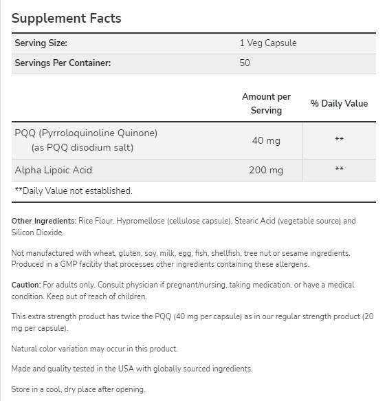 PQQ 40mg Extra Strength | with Alpha Lipoic Acid 200 mg - 50 capsules - Nutra Best Europe
