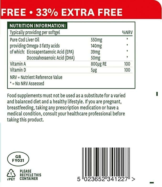 Cod Liver Oil 550mg 120 Softgels NaturesAid - Nutra Best Europe