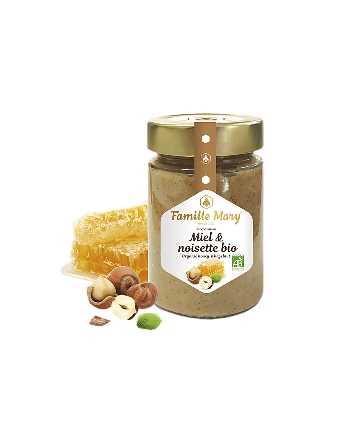 Organic colored honey with hazelnuts - Miele et noisette bio, 240 g - Nutra Best Europe