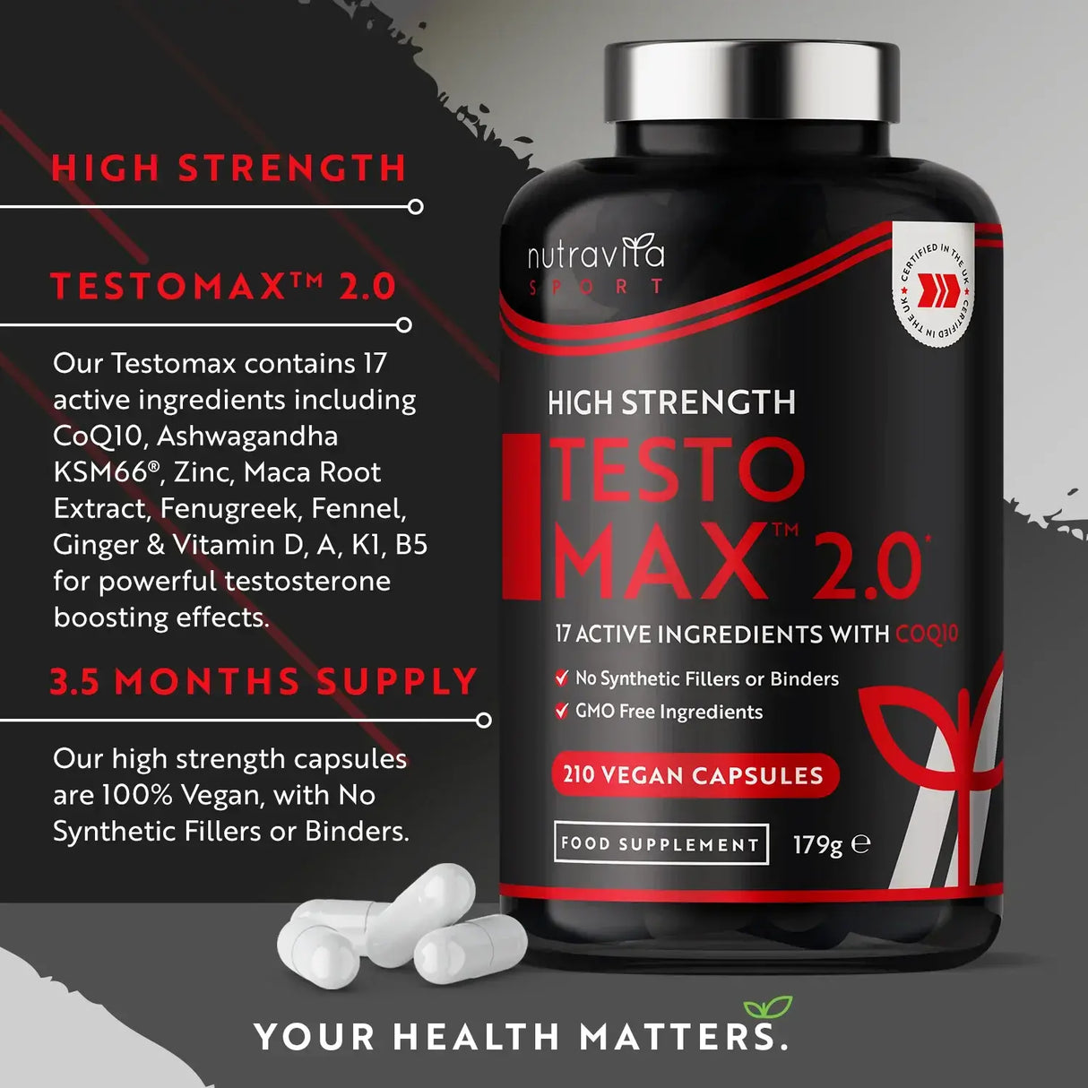 TESTOMAX™ 2.0 /210 capsules, 105 days/ with Ashwagandha KSM 66®, CoQ10 & Maca Root Nutravita - Nutra Best Europe