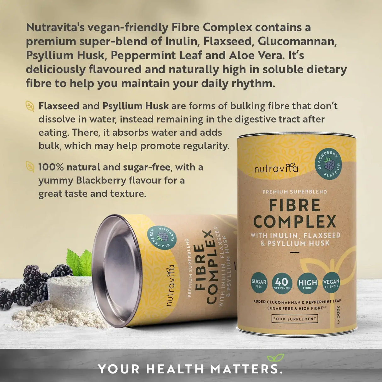 Fiber Complex Powder - BlackBerry Flavor /200 g, 40 doses/ Nutravita - Nutra Best Europe