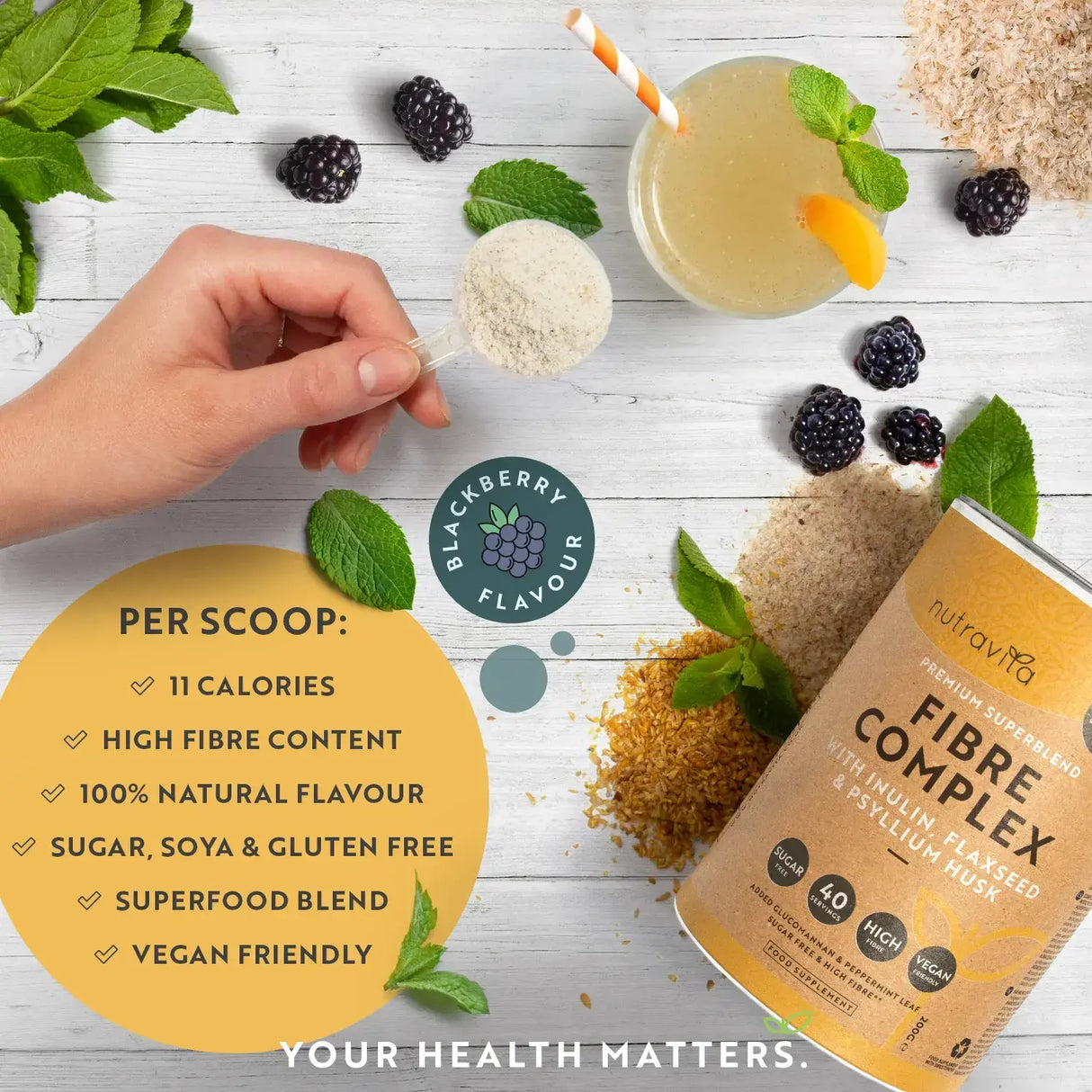 Fiber Complex Powder - BlackBerry Flavor /200 g, 40 doses/ Nutravita - Nutra Best Europe