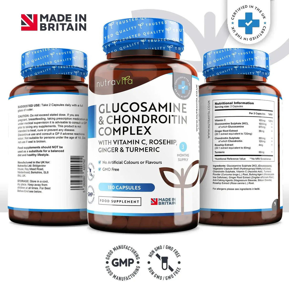 Glucosamine Chondroitin /180 capsules, 90 days/ with Turmeric, Ginger & Vitamin C Nutravita - Nutra Best Europe
