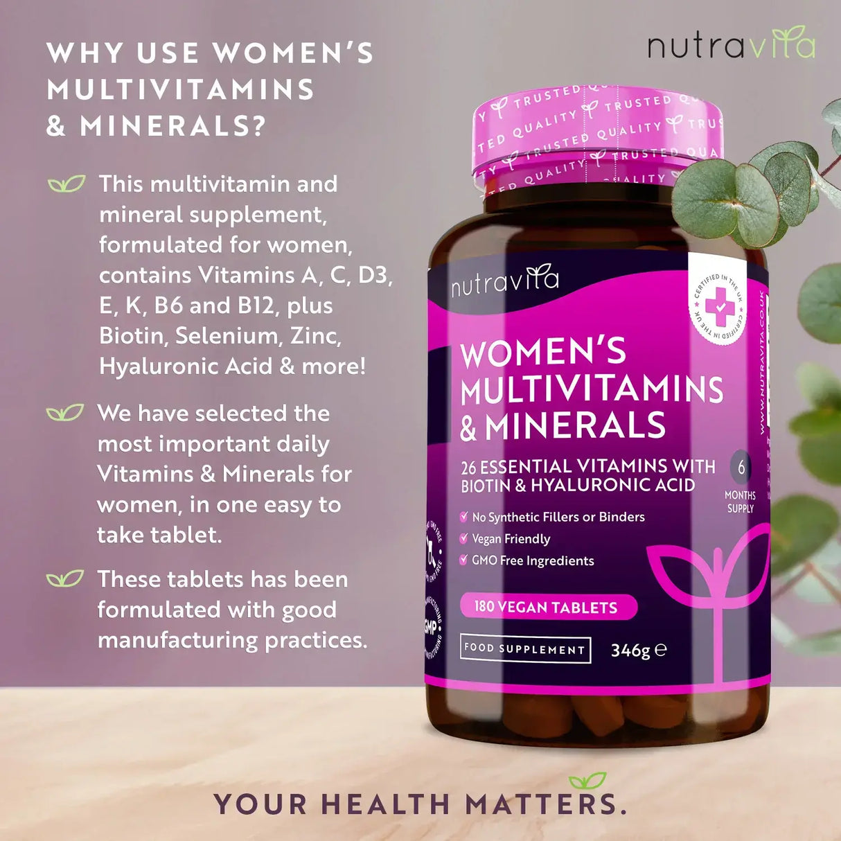 Women's Multivitamins with Biotin and Hyaluronic Acid 180 Vegan Tablets - Nutra Best Europe