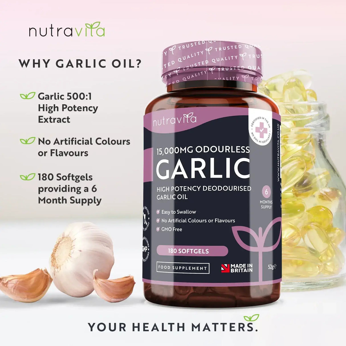 Garlic (odorless) 15000 mg (12-18% allicin) - 180 soft capsules - Nutra Best Europe