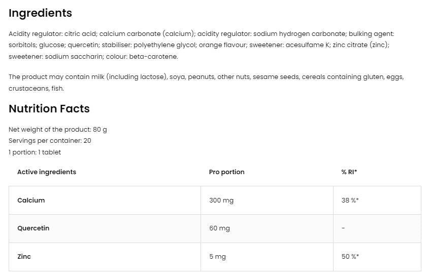 Calcium and Quercetin and Zinc | Effervescent 20 soluble tablets - Nutra Best Europe