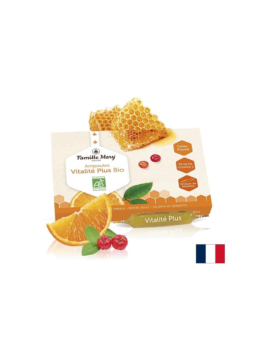 Ampullák Vitalité Plus Bio Jus d'orange Acerola/Vitalité plus bio méhpempővel, naranccsal és acerolával, 10 db. Famille Mary ivóampullák