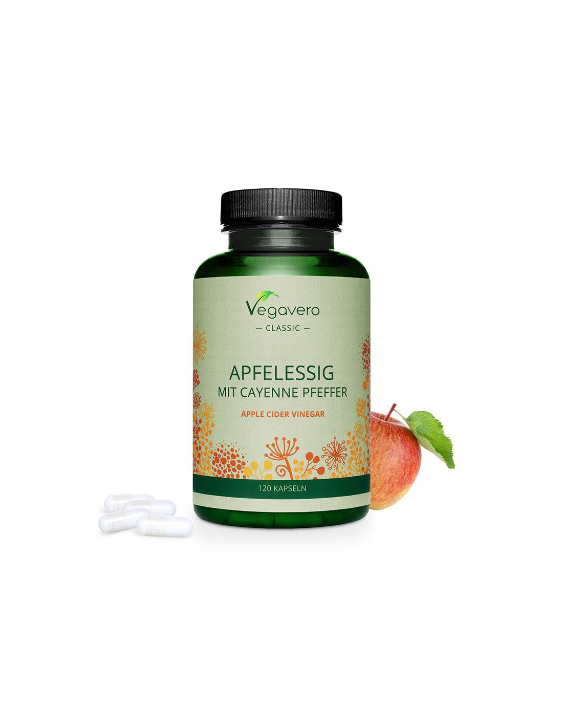 Apfelssig mit Cayenne Pfeffer - Almaecet + erős pirospaprika, 120 <tc>Vegavero</tc> kapszulák