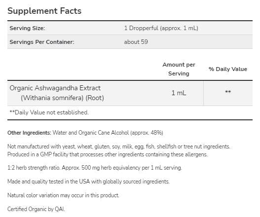 Ashwagandha kivonat folyadék | Tanúsított bio - 59 ml