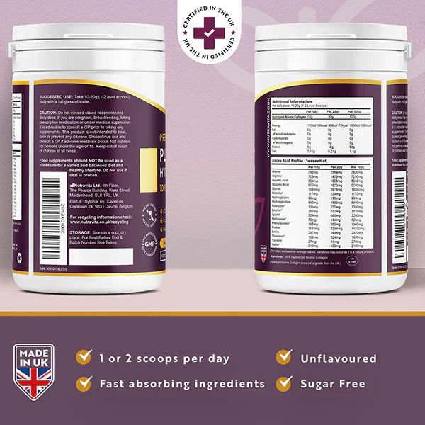 100% Pure Bovine Collagen Powder 20000 mg Peptan® 500 g, (25 / 50 doses) - Nutra Best Europe