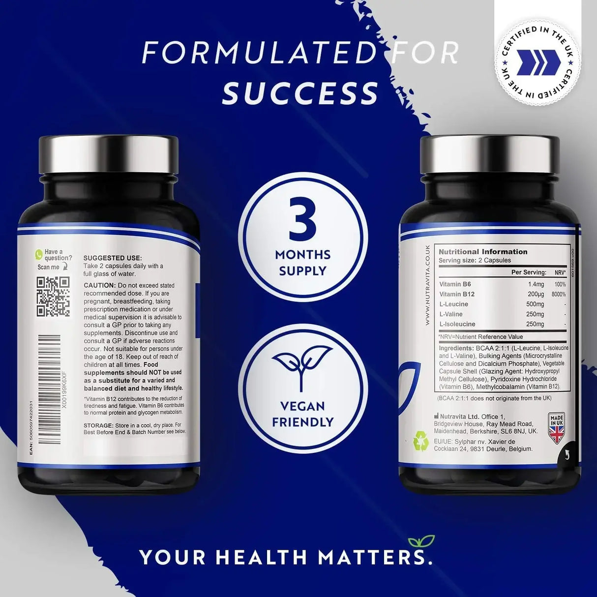 BCAA (2:1:1) B6-vitaminnal & B12 - 180 V-kapszula. <tc>Nutravita</tc>