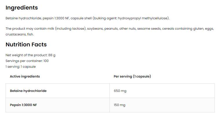 Betain HCl + Pepsin 100 kapszula