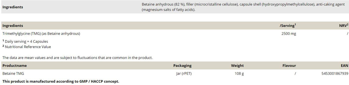 Betain TMG 750 mg - 120 kapszula