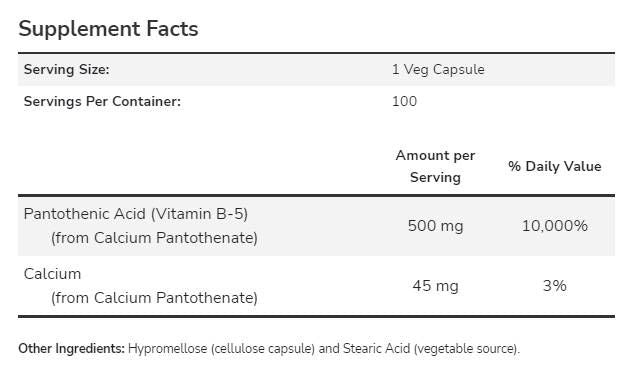 Vitamin B-5 / Pantothenic Acid 500 mg - 100 capsules - Nutra Best Europe