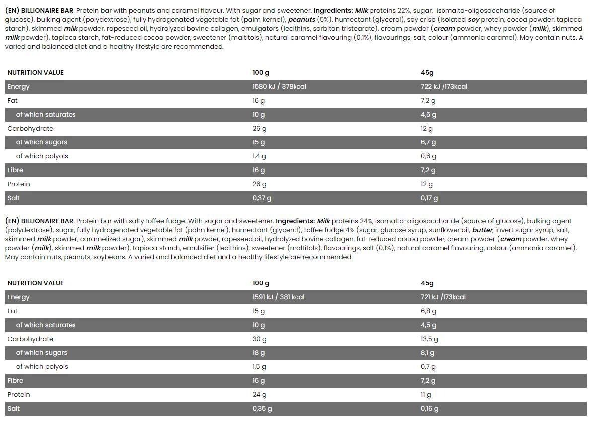 Billionaire Bar | High Fiber ~ Gluten Free ~ Protein Bar - 45 grams - Nutra Best Europe