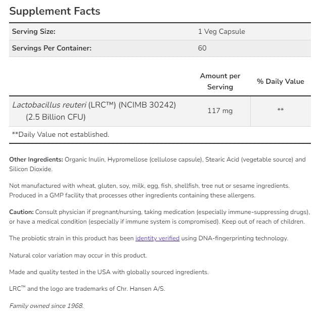 Klinikai Szívegészségügyi Probiotikum | Lactobacillus reuteri LRC™ 2,5 milliárd – 60 kapszula